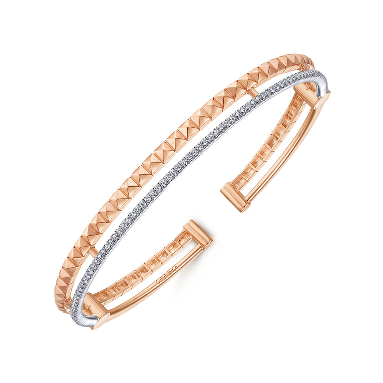 14K Rose and White Gold Split Cuff with Pyramids and Diamonds - 0.45 ct - Shot 2