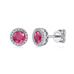 14K W.Gold Ruby&Dia Halo Stud Earrings
