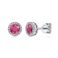 14K W.Gold Ruby Dia Halo Stud Earrings