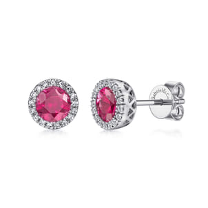 14K W.Gold Ruby Dia Halo Stud Earrings