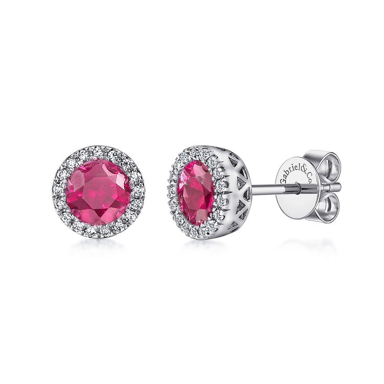 14K W Gold Ruby Dia Halo Stud Earrings