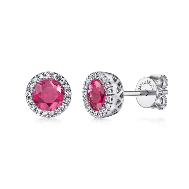 14K W.Gold Ruby Dia Halo Stud Earrings - 0.1 ct - Shot 1