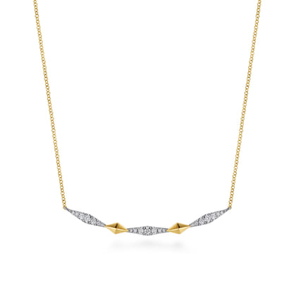 14K White And Yellow Gold Graduating Diamond Rhombus Shape Curved Bar Necklace