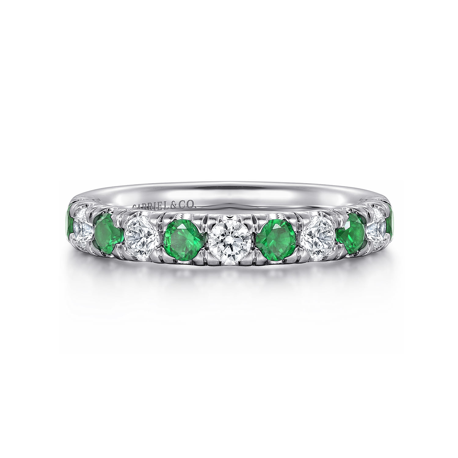 Straight Wedding Ring in 14k White Gold with Round Emerald at Gabriel & Co. - Shot 1