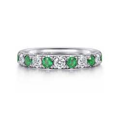 14K White Gold 11 Stone Diamond and Emerald Anniversary Band