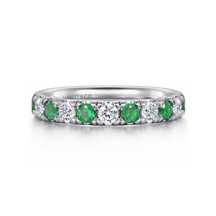 14K White Gold 11 Stone Diamond and Emerald Anniversary Band
