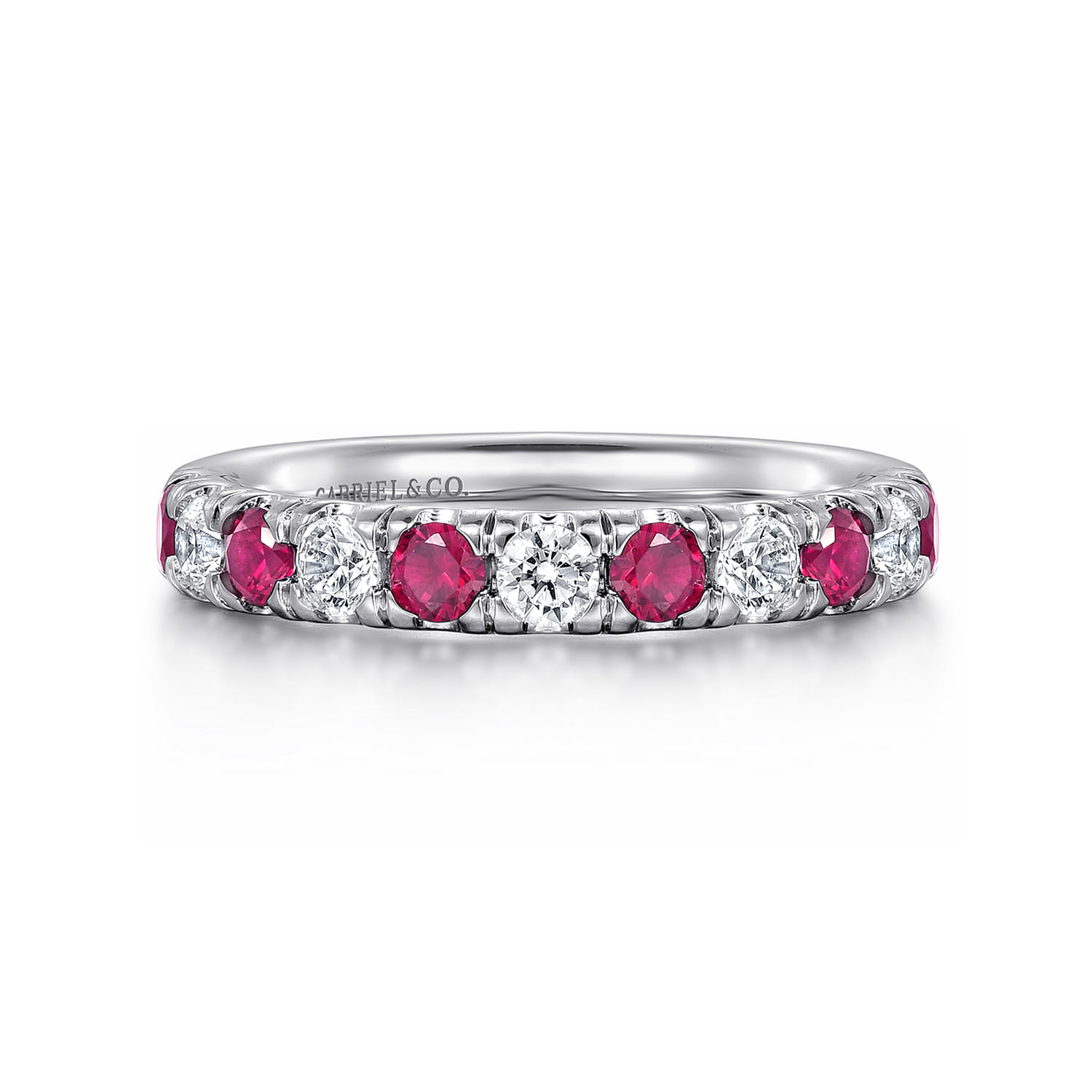 Straight Wedding Ring in 14k White Gold with Round Ruby at Gabriel & Co. - Shot 1
