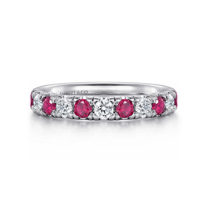 14K White Gold 11 Stone Diamond and Ruby Anniversary Band