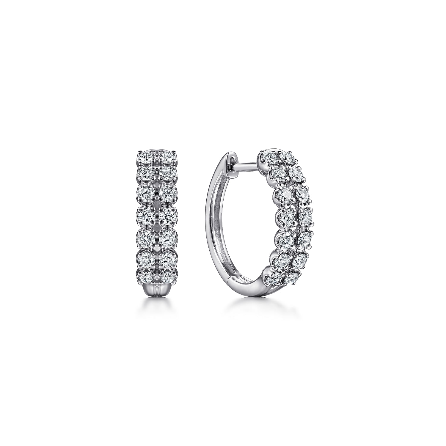 14K White Gold 15mm 2 Row Diamond Huggie Earrings