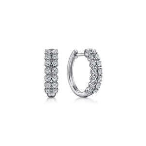 14K White Gold 15mm 2 Row Diamond Huggie Earrings