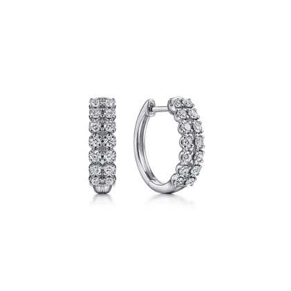 14K White Gold 15mm 2 Row Diamond Huggie Earrings
