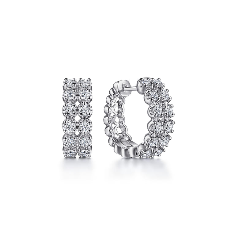 14K White Gold 15mm 2 Row Diamond Huggie Earrings - 0.95 ct - Shot 1