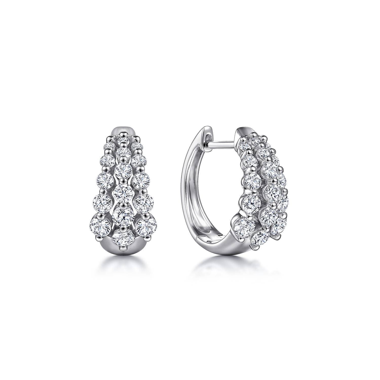 14K White Gold 15mm 3 Row Single Prong Set Graduating Diamond Huggie Earrings - 1.05 ct - Shot 1