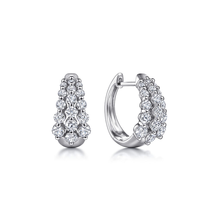 14K White Gold 15mm 3 Row Single Prong Set Graduating Diamond Huggie Earrings - 1.05 ct - Shot 1