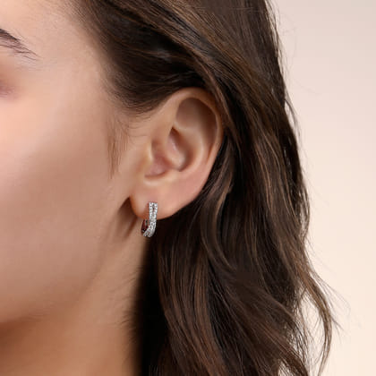 14K White Gold 15mm Diamond Criss Cross Huggie Earrings