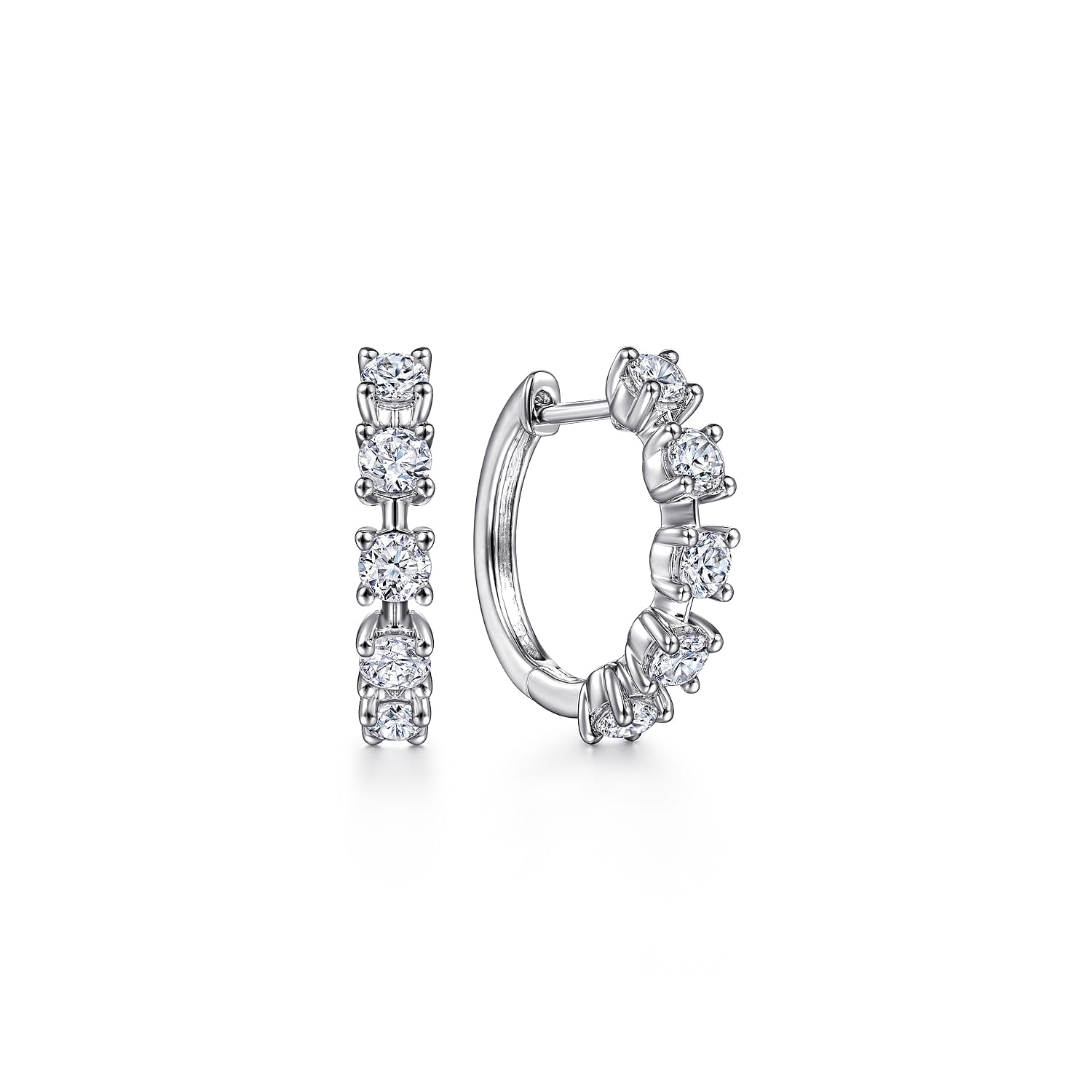 14K White Gold 15mm Diamond Station Huggie Earrings - 1 ct - Shot 1