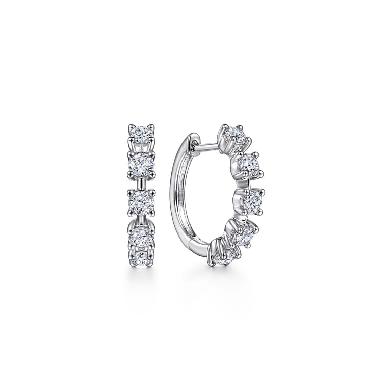 14K White Gold 15mm Diamond Station Huggie Earrings - 1 ct - Shot 1