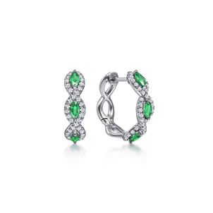 14K White Gold 15mm Diamond and Emerald Earrings