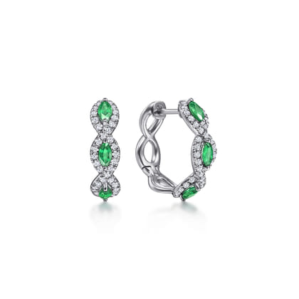 14K White Gold 15mm Diamond and Emerald Earrings