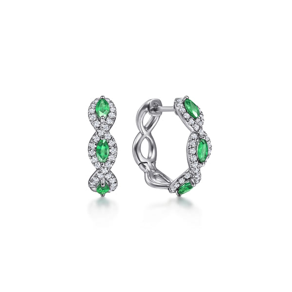 White Gold Diamond and Emerald Huggie Earrings
