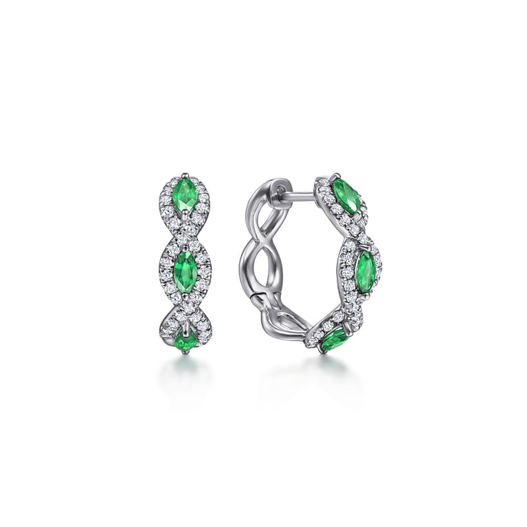 14K White Gold 15mm Diamond and Emerald Earrings - 0.35 ct - Shot 1