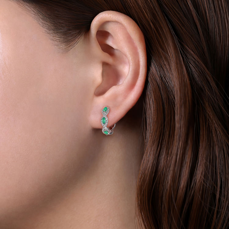 14K White Gold 15mm Diamond and Emerald Earrings