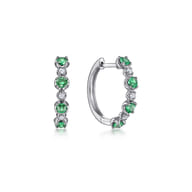 14K White Gold 15mm Diamond and Emerald Huggie Earrings