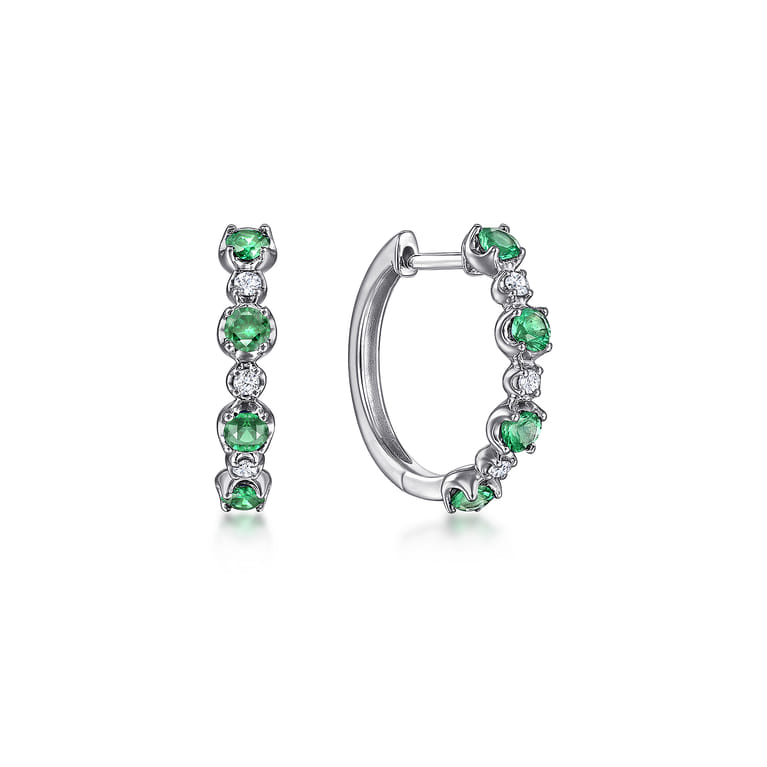 14K White Gold 15mm Diamond and Emerald Huggie Earrings - 0.08 ct - Shot 1