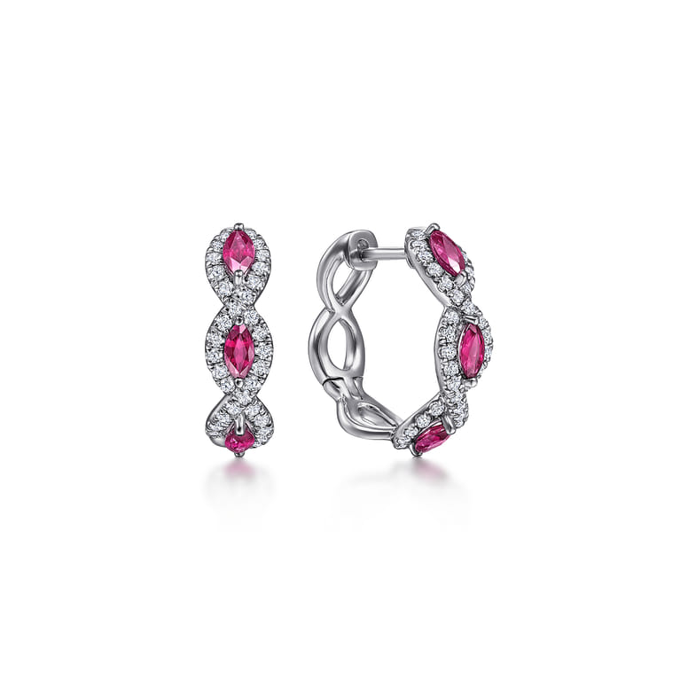 14K White Gold 15mm Diamond and Ruby Earrings - 0.35 ct - Shot 1