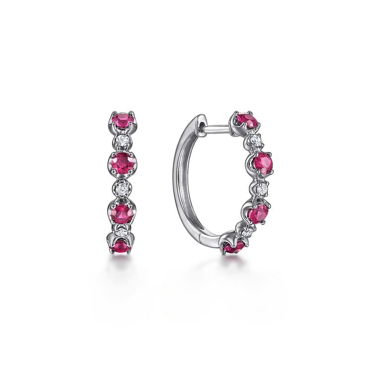 14K White Gold 15mm Diamond and Ruby Huggie Earrings - 0.08 ct - Shot 1