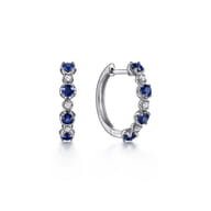 14K White Gold 15mm Diamond and Sapphire Huggie Earrings