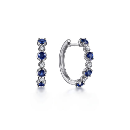 14K White Gold 15mm Diamond and Sapphire Huggie Earrings