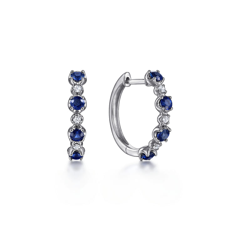 14K White Gold 15mm Diamond and Sapphire Huggie Earrings - 0.08 ct - Shot 1