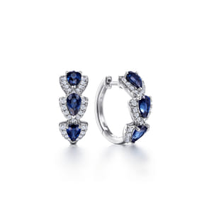 14K White Gold 15mm Diamond and Sapphire Huggies