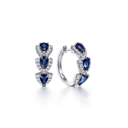 14K White Gold 15mm Diamond and Sapphire Huggies
