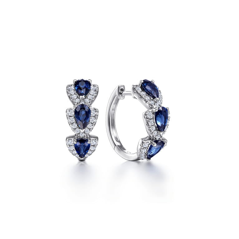 14K White Gold 15mm Diamond and Sapphire Huggies - 0.3 ct - Shot 1