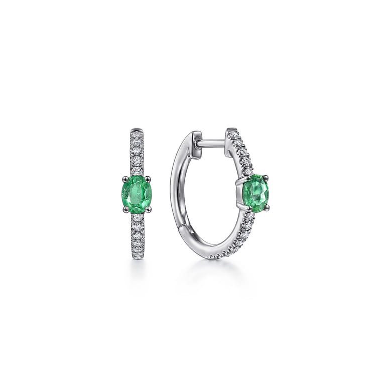 14K White Gold 15mm Diamond and Single Emerald Huggie Earrings - 0.16 ct - Shot 1