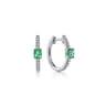 14K White Gold 15mm Diamond and Single Emerald Huggie Earrings - 0.16 ct