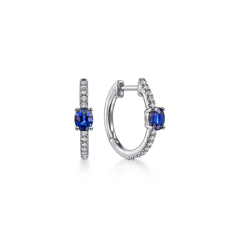 14K White Gold 15mm Diamond and Single Sapphire Huggie Earrings - 0.16 ct - Shot 1