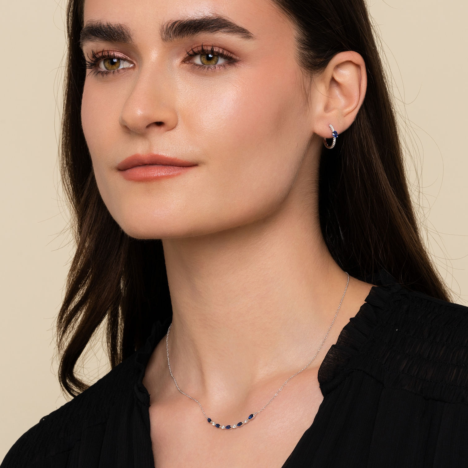 14K White Gold 15mm Diamond and Single Sapphire Huggie Earrings