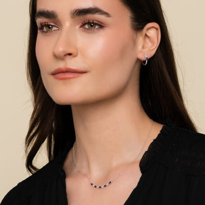 14K White Gold 15mm Diamond and Single Sapphire Huggie Earrings