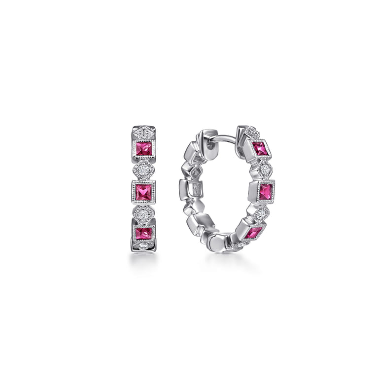 14K White Gold 15mm Ruby and Diamond Huggies - 0.05 ct - Shot 1