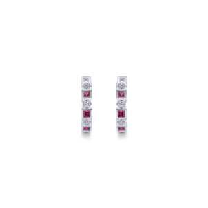 14K White Gold 15mm Ruby and Diamond Huggies
