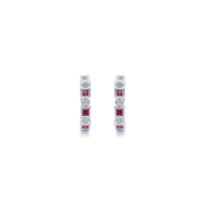 14K White Gold 15mm Ruby and Diamond Huggies