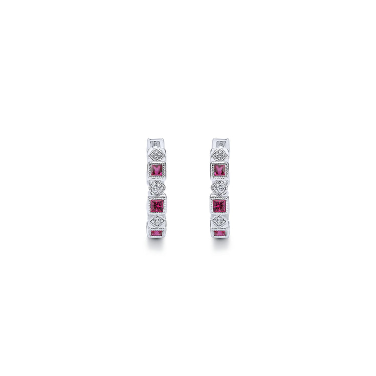 14K White Gold 15mm Ruby and Diamond Huggies