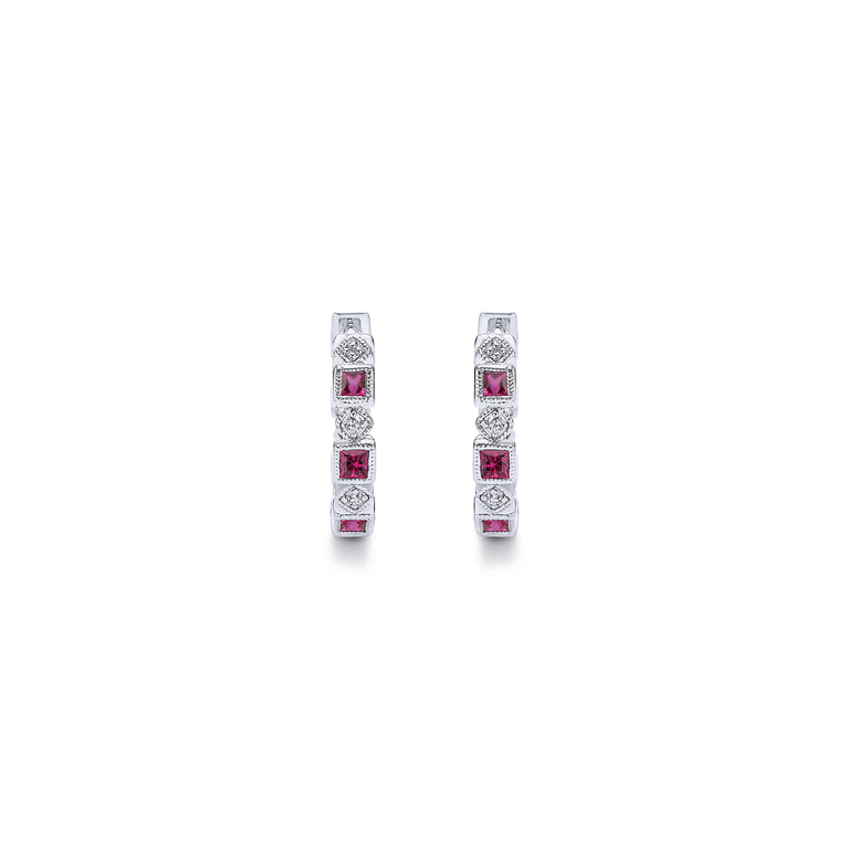 14K White Gold 15mm Ruby and Diamond Huggies - 0.05 ct - Shot 3