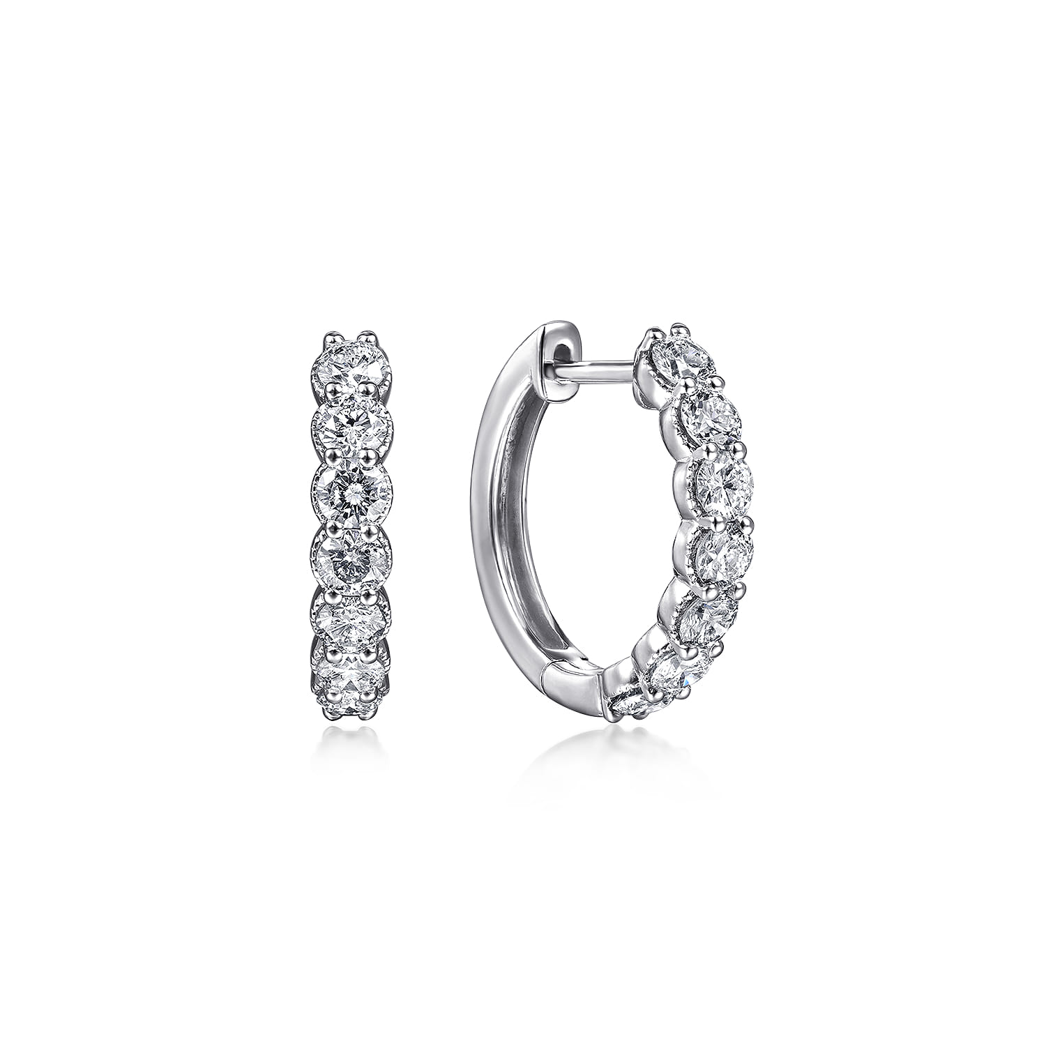 14K White Gold 15mm Share Prong Set Diamond Huggie Earrings - 1 ct - Shot 1