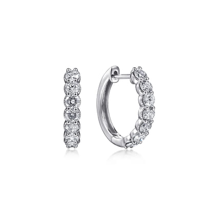 14K White Gold 15mm Share Prong Set Diamond Huggie Earrings