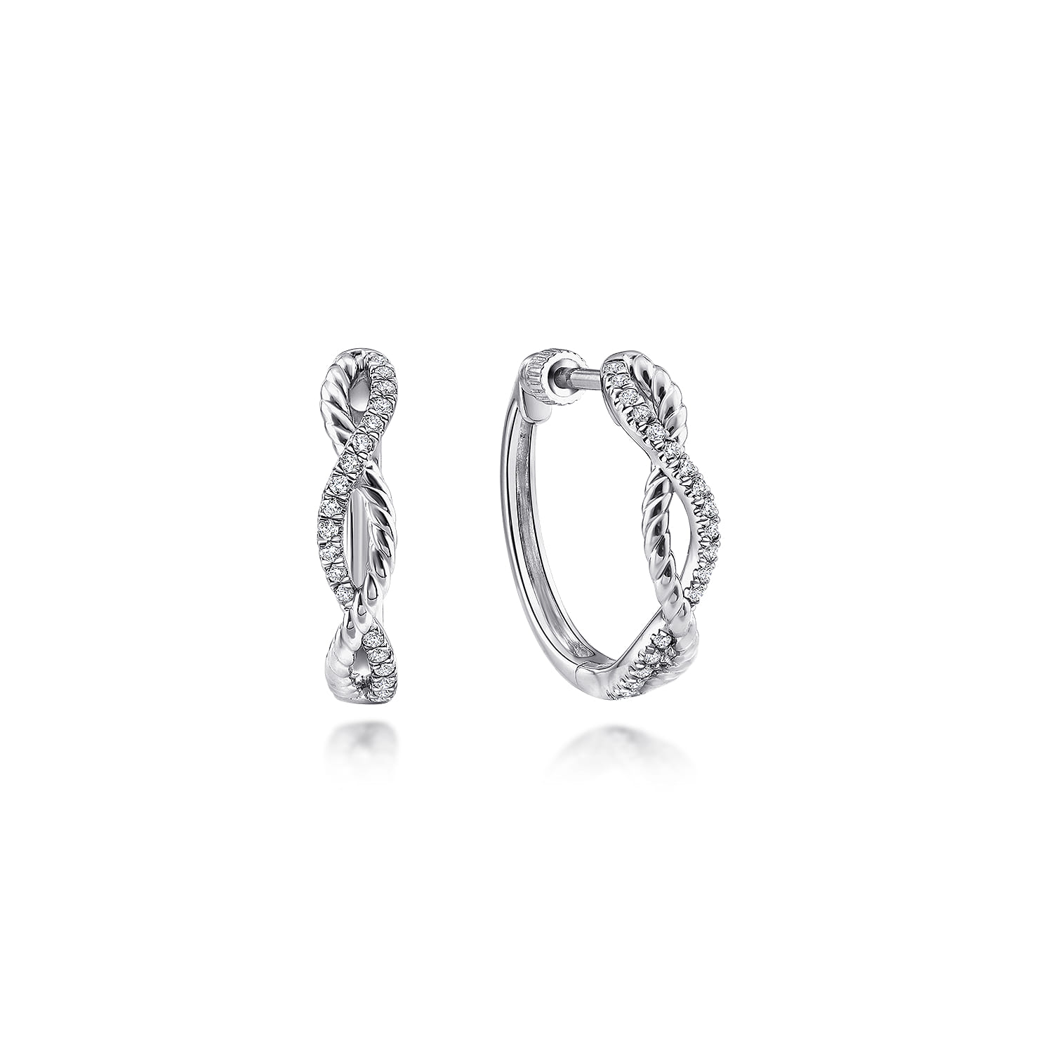 14K White Gold 15mm Twisted Diamond Huggies - 0.11 ct - Shot 1