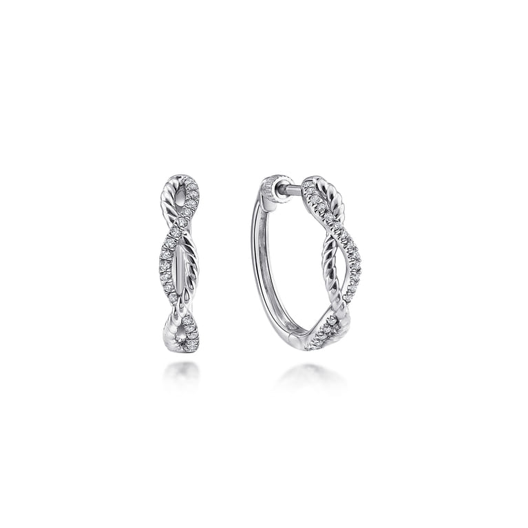 14K White Gold 15mm Twisted Diamond Huggies - 0.11 ct - Shot 1